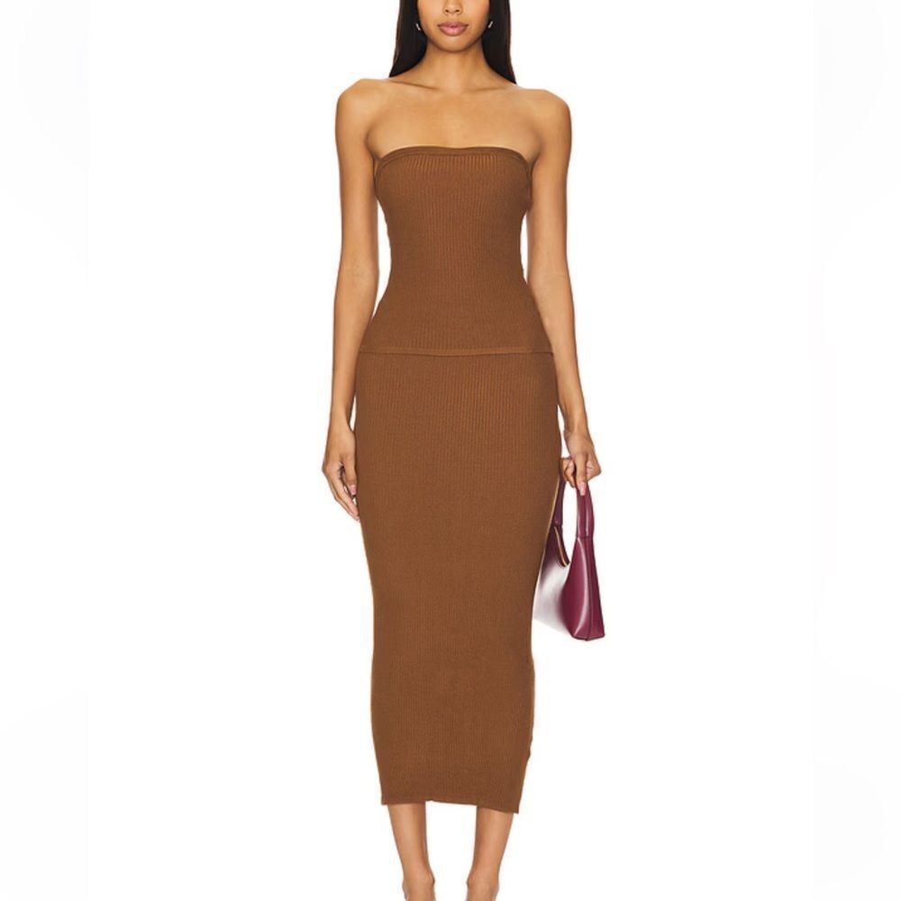 NWT All The Ways Gracie Maxi Skirt Set Dark Camel brown knit top Revolve XS